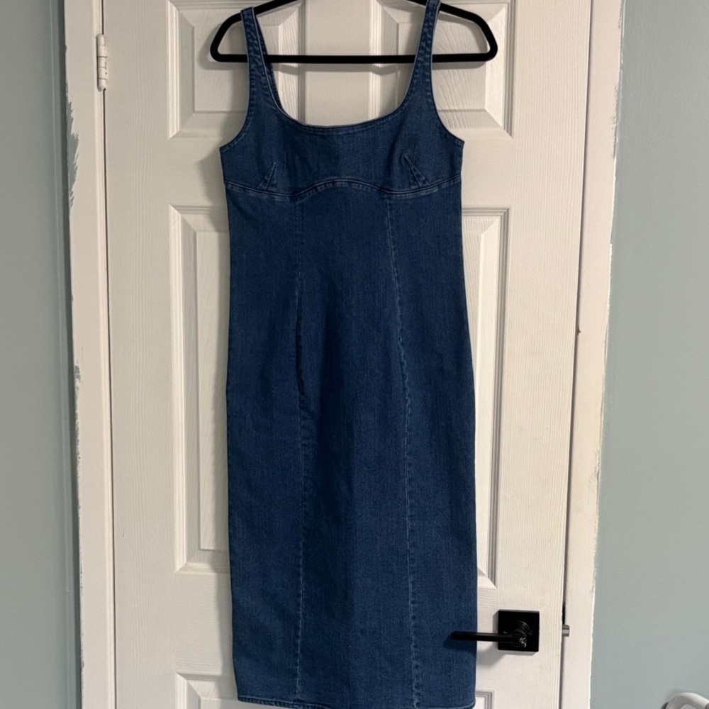 Love Tree Dark Blue Denim Square-Neck Midi Dress